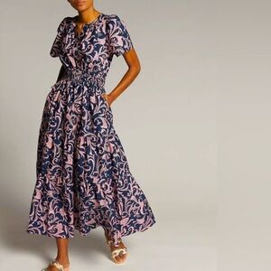 Anthropologie Somerset Maxi Dress Short‎ Sleeve Tiered A-Line Navy Blue Purple M